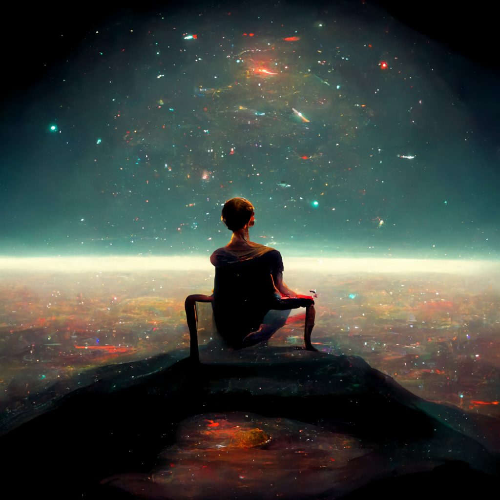 Un homme assis au sommet de l'univers
